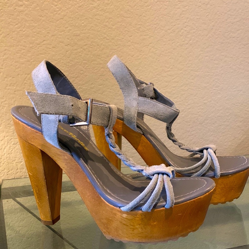 Vintage Madison Harding Blue Suede Braided Wooden Platform Sandals